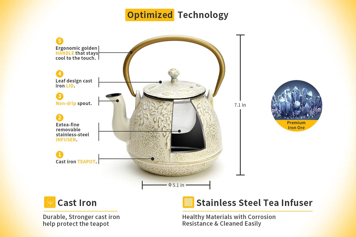 TOPTIER Japanese Teapot with Stainless Steel Infuser, Cast Iron Tea Kettle Stovetop Safe, Leaf Design Coated with Enameled Interior for 32 Ounce (950 ml), Light Green