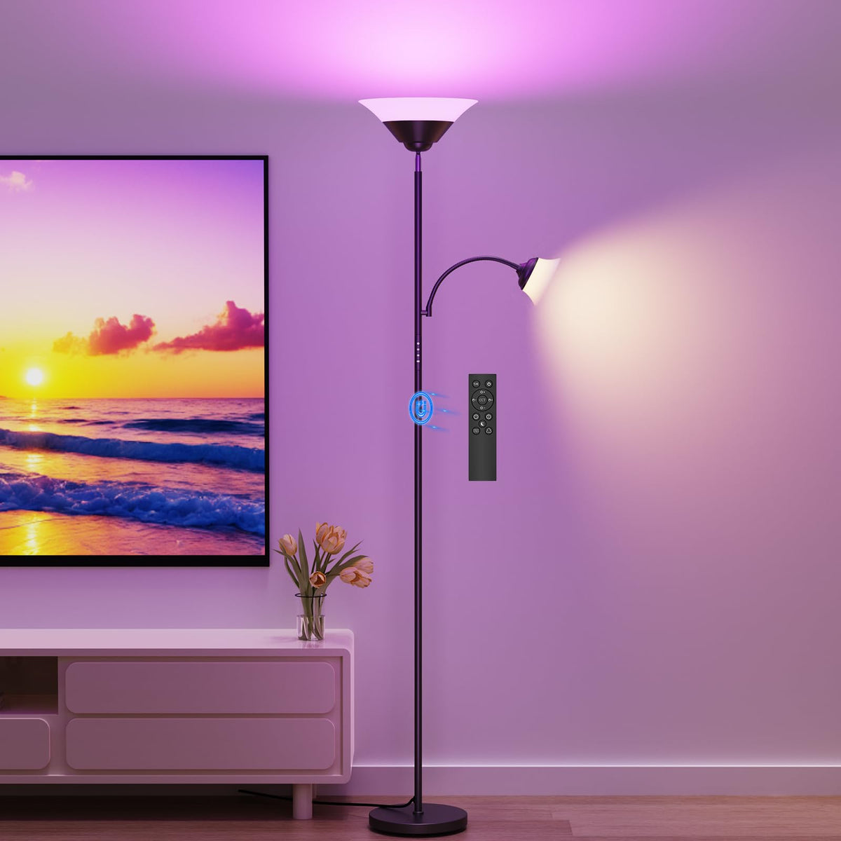 SIBRILLE 2-in-1 Torchiere Floor Lamp, 34W Super Bright LED Standing Lamp with Remote & Touch Control, 72" Dimmable Adjustable Corner Reading Lamp for Living Room, Bedroom, Office, Black