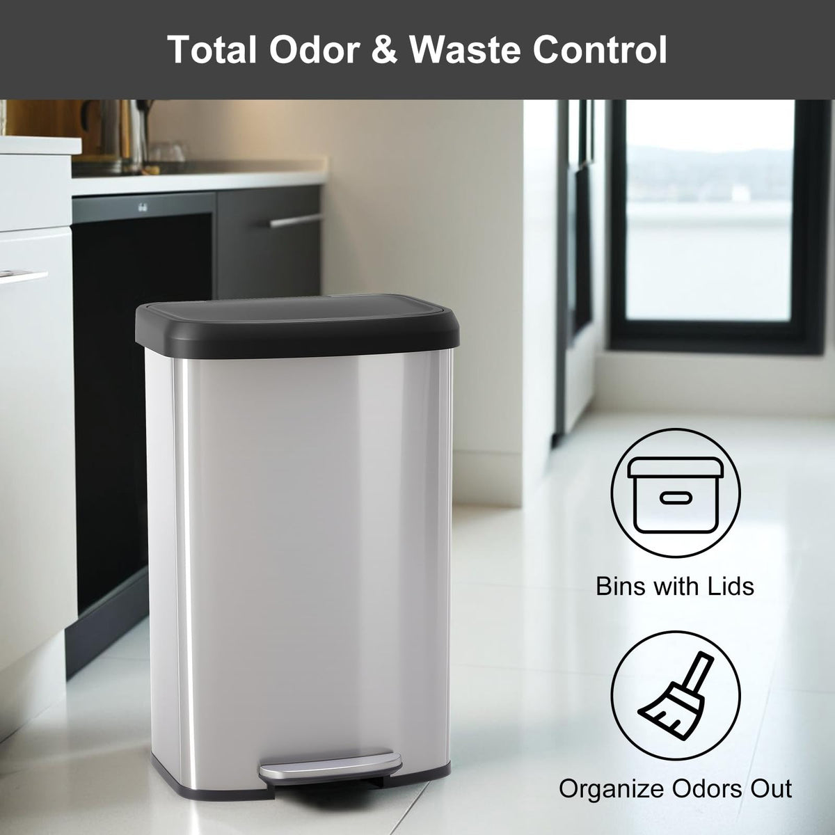 NEWBULIG 16 Gallon Dual Compartment Kitchen Trash Can, Stainless Steel, 60L