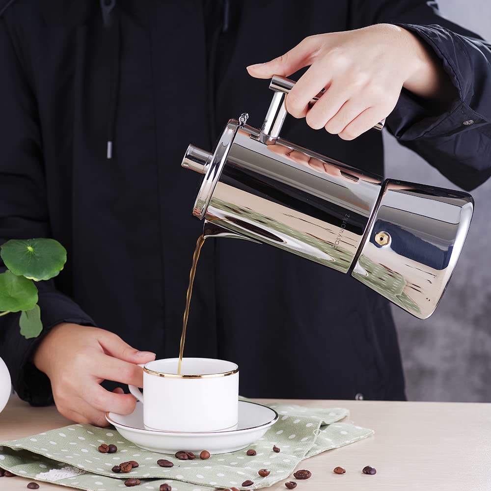 Easyworkz Diego Stovetop Espresso Maker Stainless Steel Italian Coffee Machine Maker 4Cup 6.8 oz Induction Moka Pot