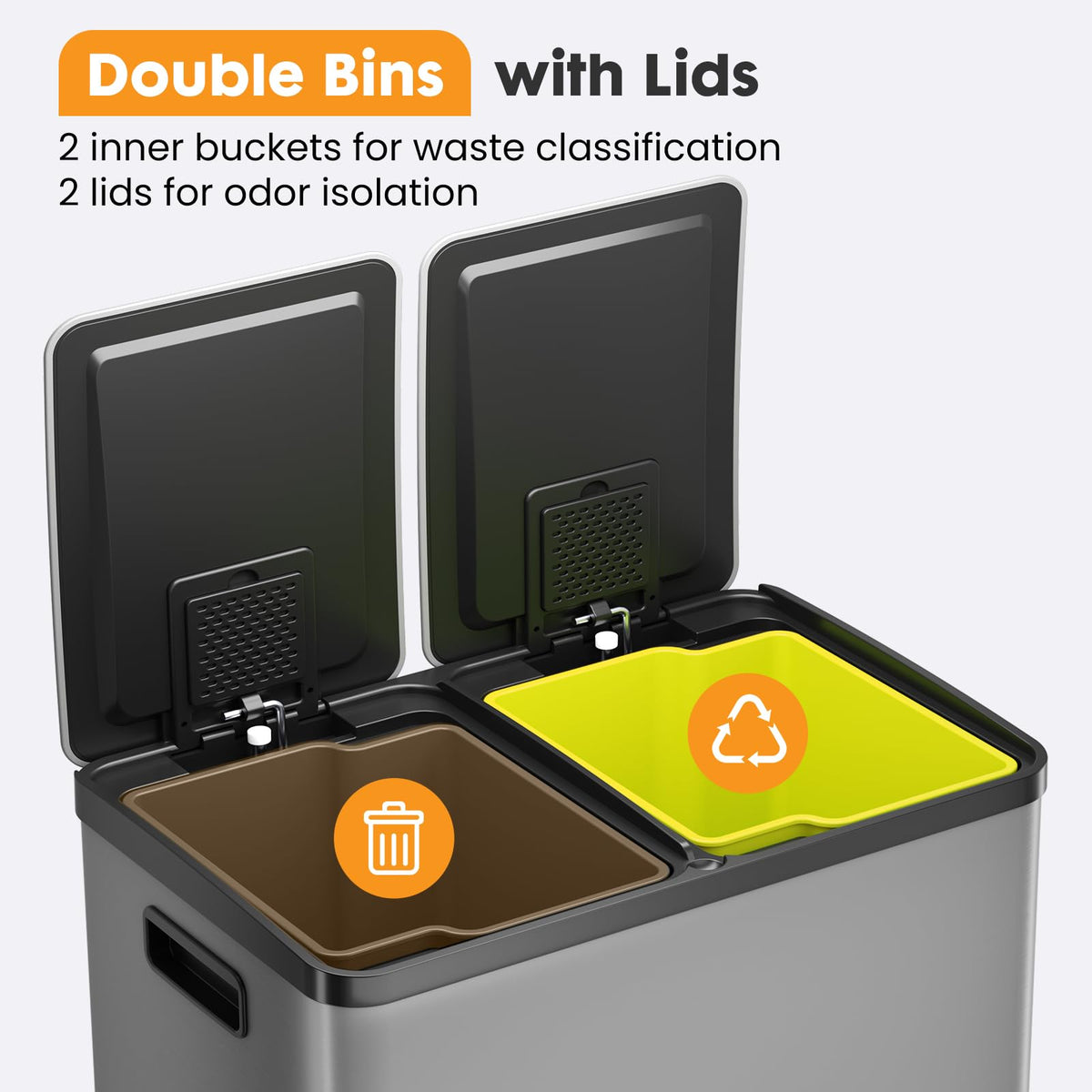 NEWBULIG 16 Gallon Dual Compartment Kitchen Trash Can, Stainless Steel, 60L