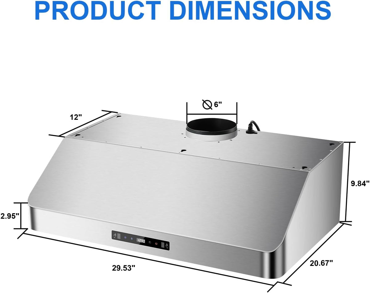 Under Cabinet Range Hood 30 inch, 900 CFM, Remote Control, Time Setting