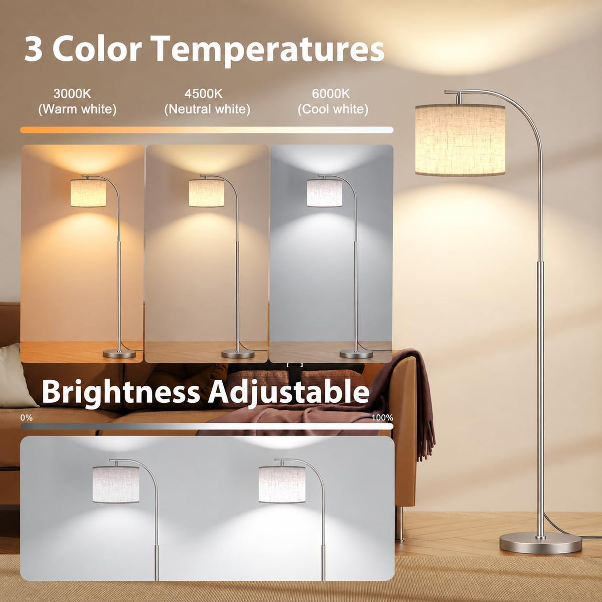 SIBRILLE Floor Lamp with Linen Shade, Arc Dimmable Tall Standing Lamp with Remote Control, Modern Floor Reading Light for Living Room Bedroom Office Corner, 9W LED Bulb Included