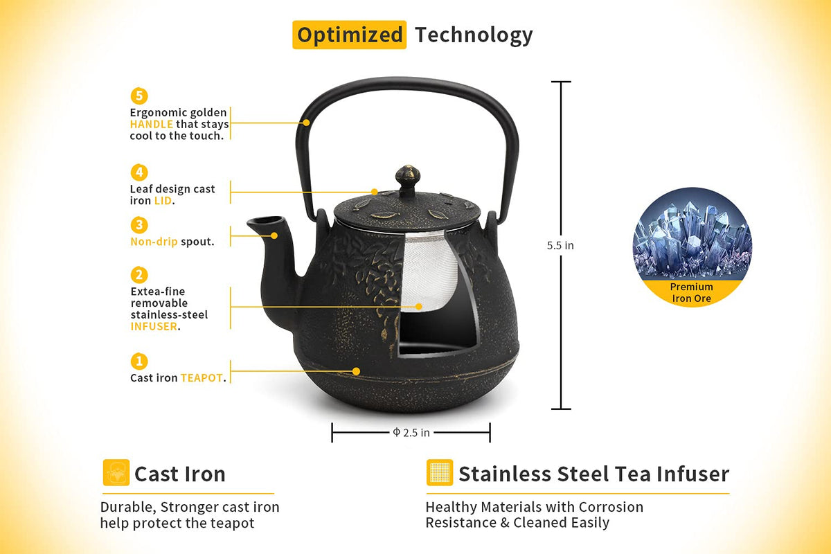 TOPTIER Japanese Teapot with Stainless Steel Infuser, Cast Iron Tea Kettle Stovetop Safe, Leaf Design Coated with Enameled Interior for 32 Ounce (950 ml), Light Green