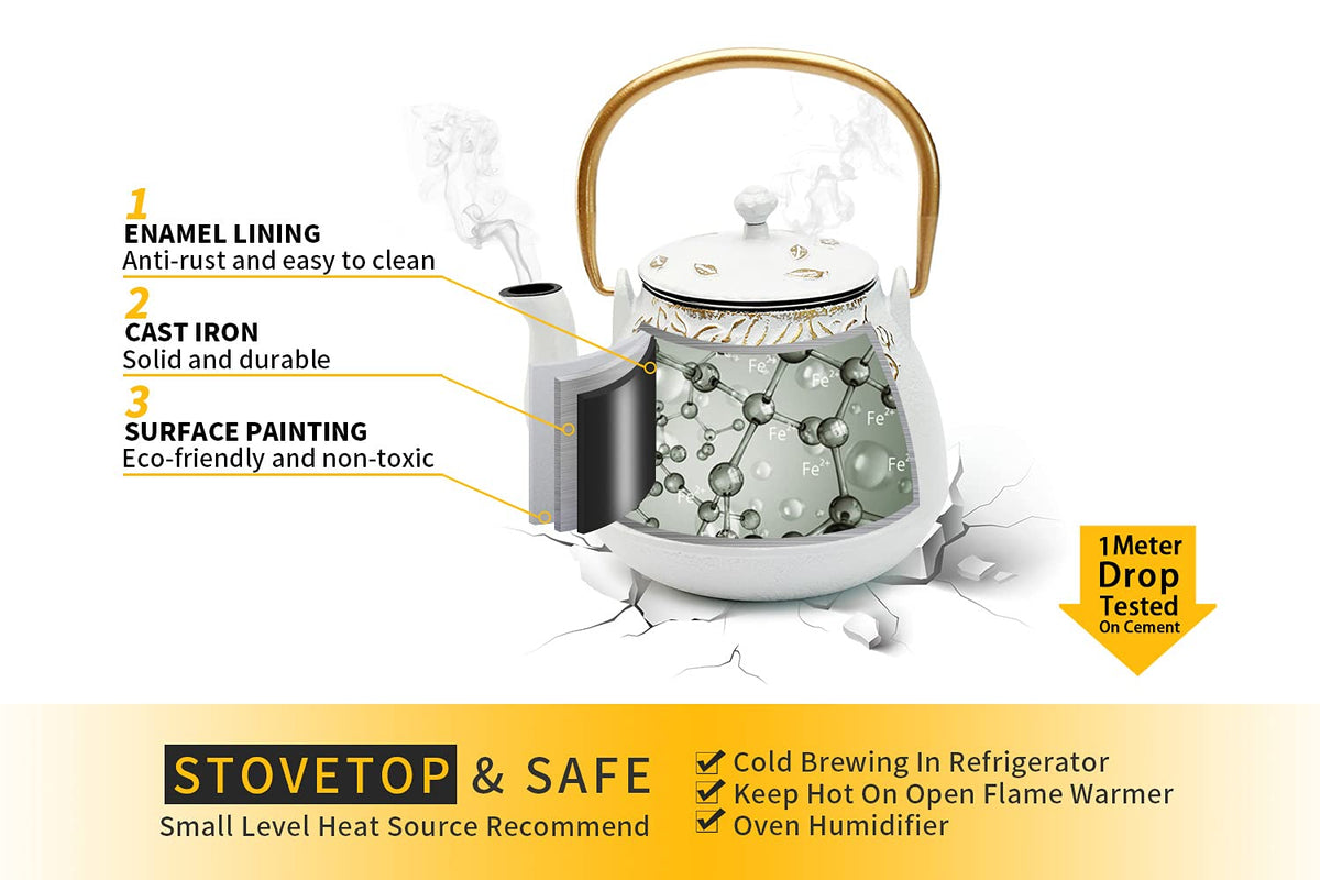 TOPTIER Japanese Teapot with Stainless Steel Infuser, Cast Iron Tea Kettle Stovetop Safe, Leaf Design Coated with Enameled Interior for 32 Ounce (950 ml), Light Green
