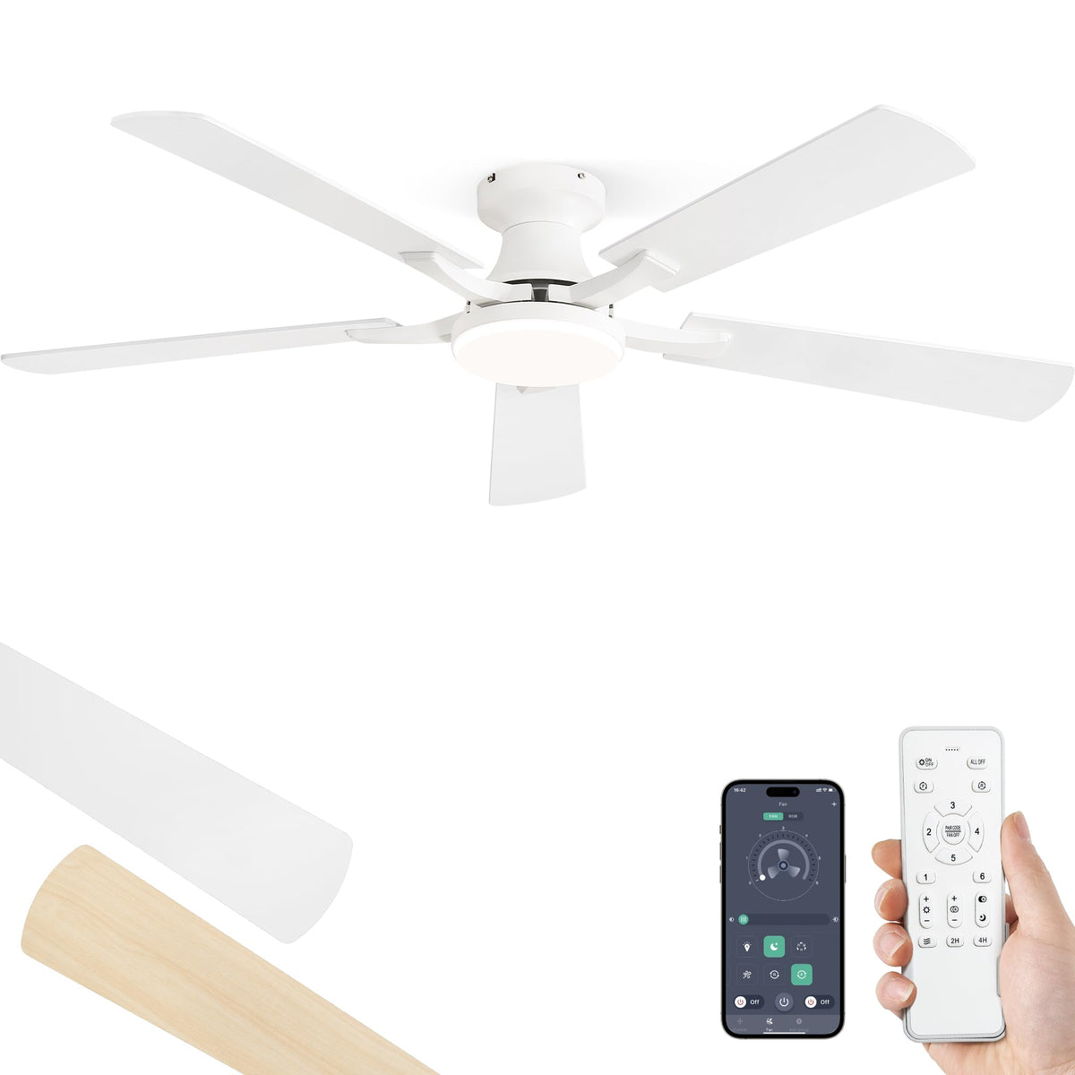 ZMISHIBO 52 Inch Ceiling Fans with Lights, Remote&App Control, Flush Mount