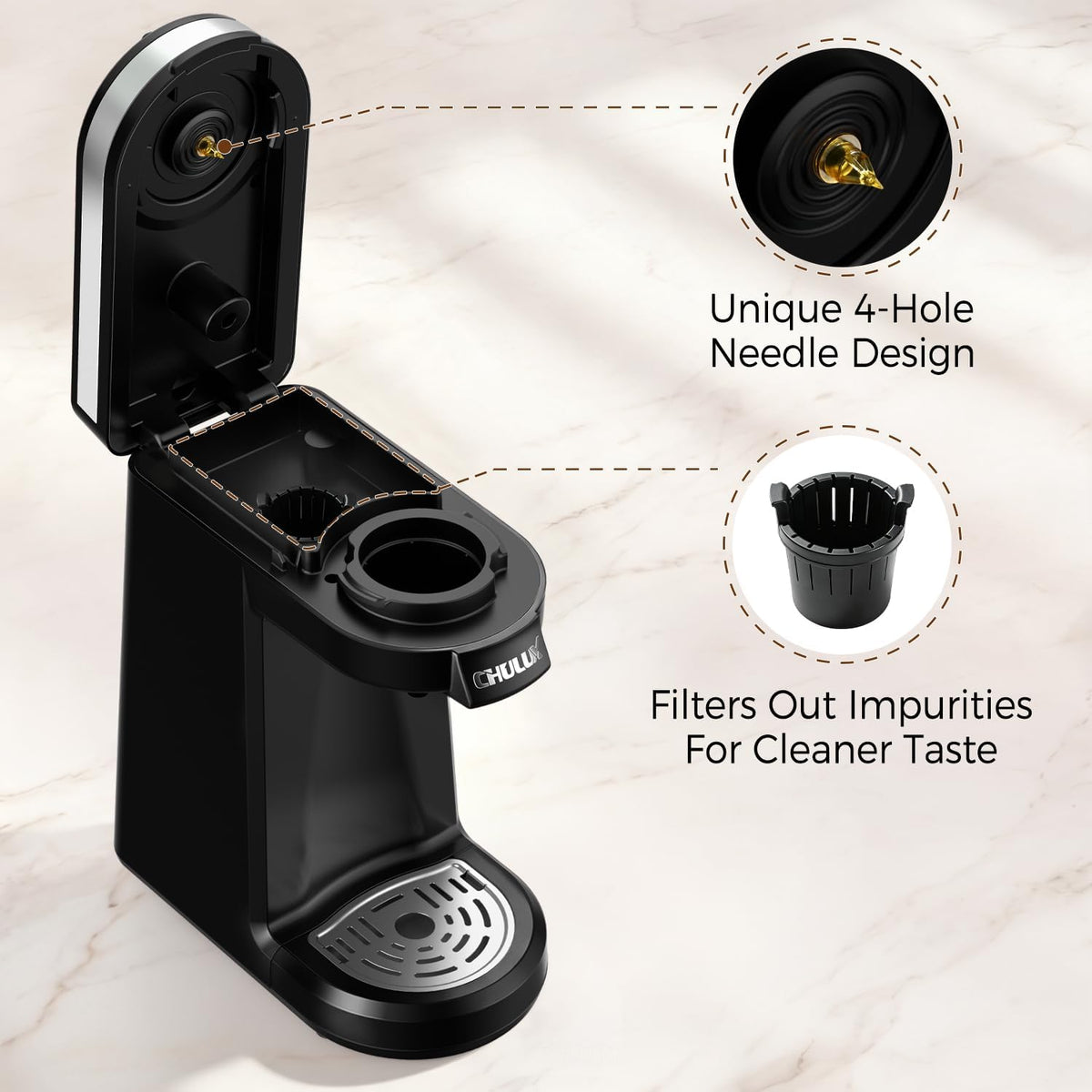 CHULUX Single Serve Coffee Maker for K Cup Pod, Fast-Heating System, Black