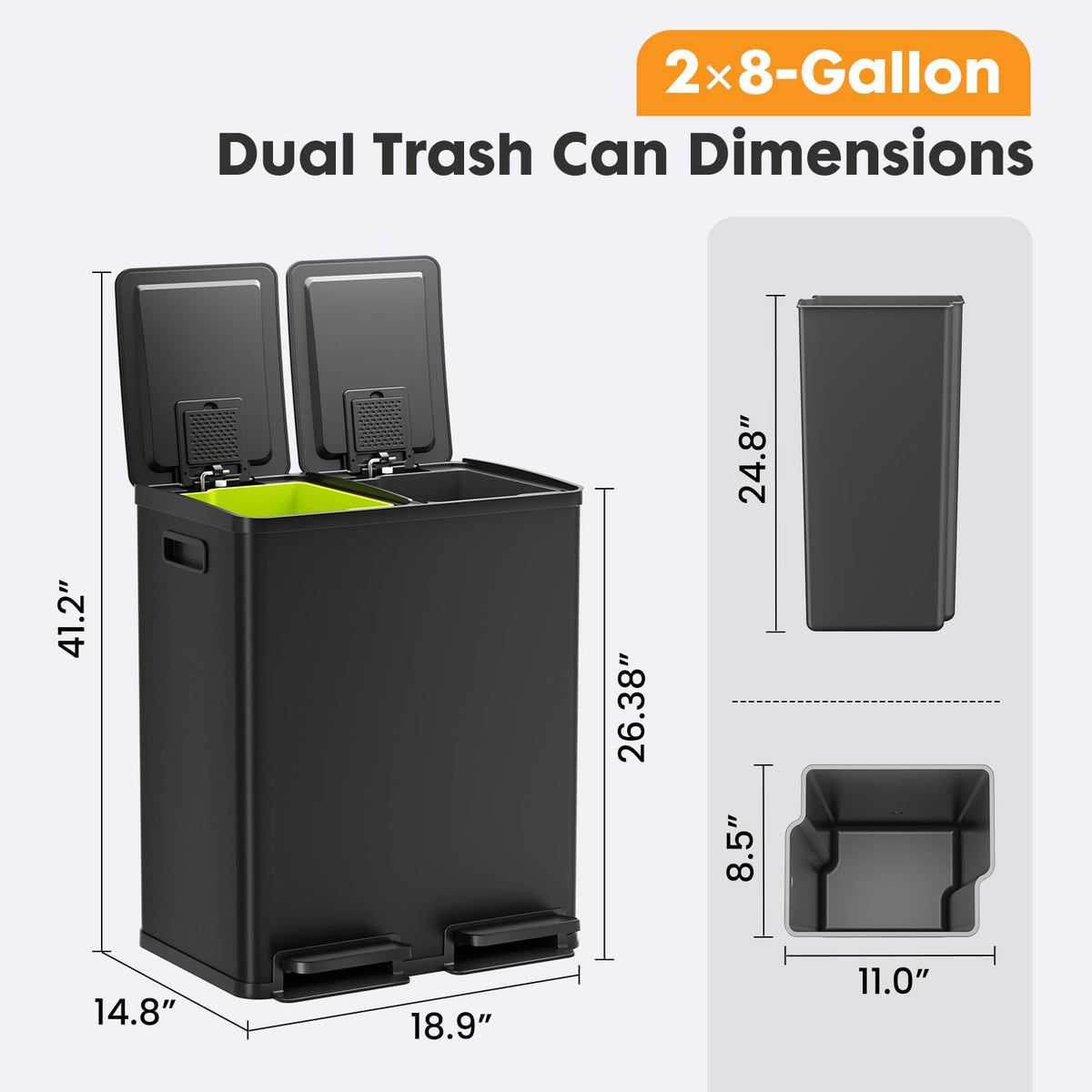 NEWBULIG 16 Gallon Dual Compartment Kitchen Trash Can, Stainless Steel, 60L