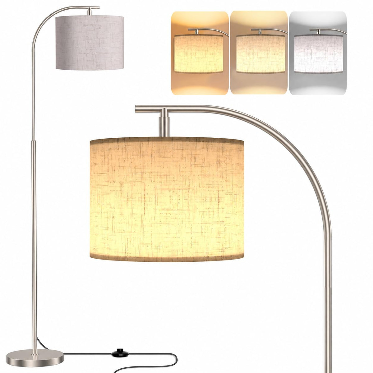 SIBRILLE Floor Lamp with Linen Shade, Arc Dimmable Tall Standing Lamp with Remote Control, Modern Floor Reading Light for Living Room Bedroom Office Corner, 9W LED Bulb Included