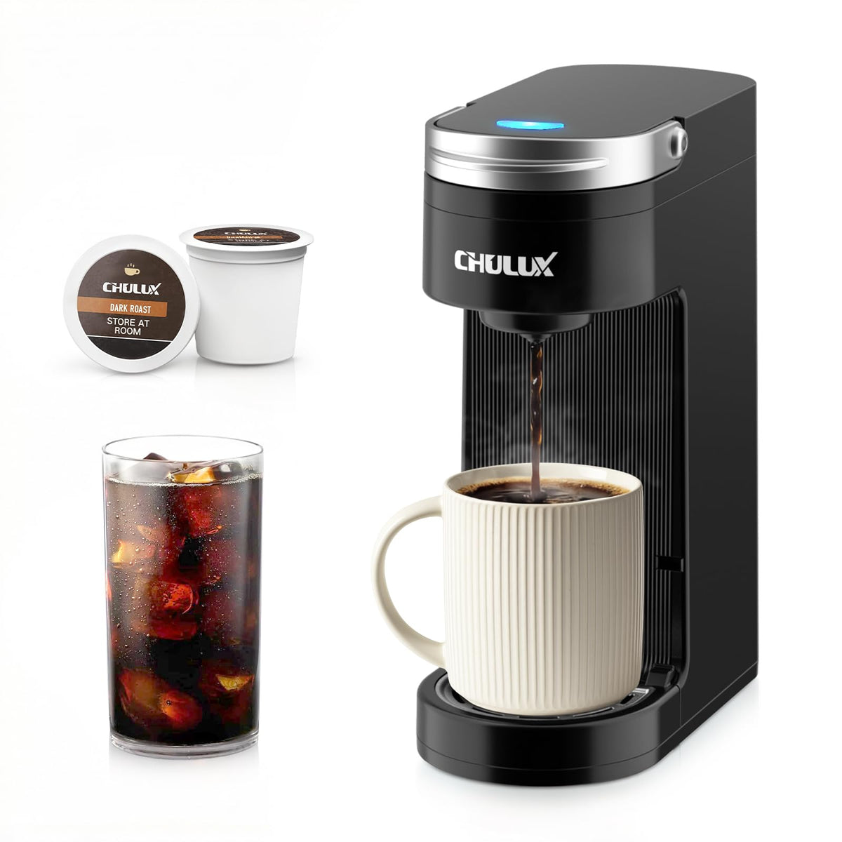 CHULUX Slim Single Serve Coffee Maker for K Cup, One Cup Design, Matte Navy