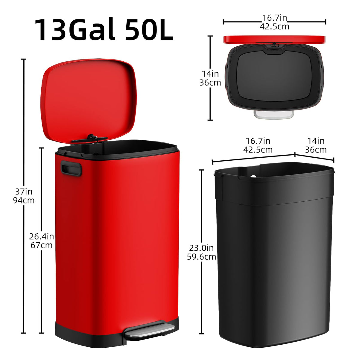 KdbK Kitchen Trash Can with Lid, 13 Gal Stainless Steel Pedal Garbage Can