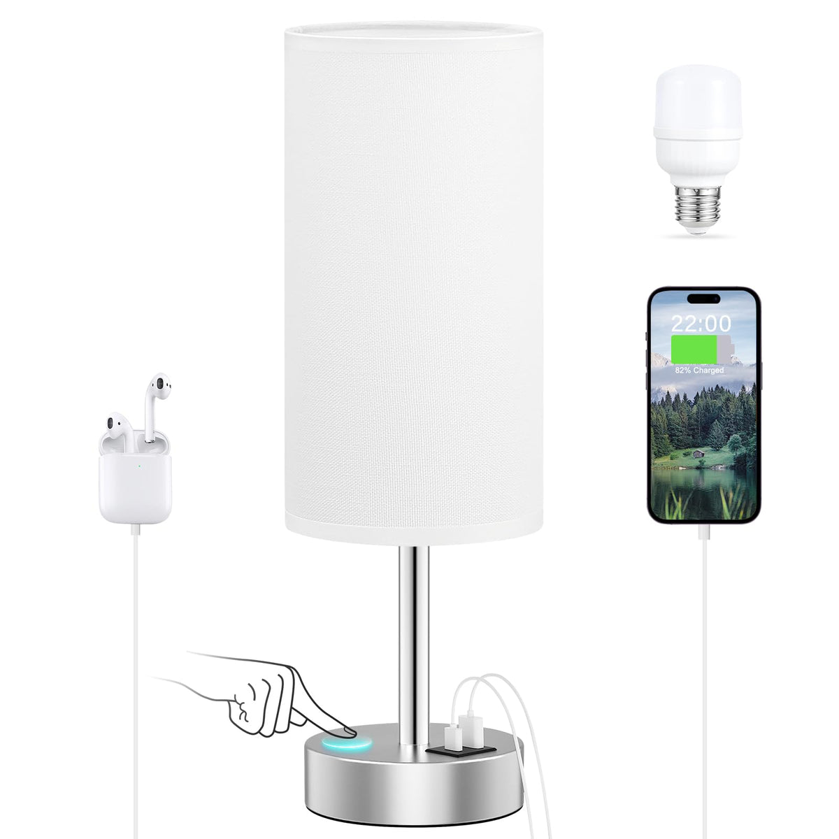 Dicoool Bedside Table Lamp for Bedroom - 3-Way Dimmable Touch Lamp, USB A+C