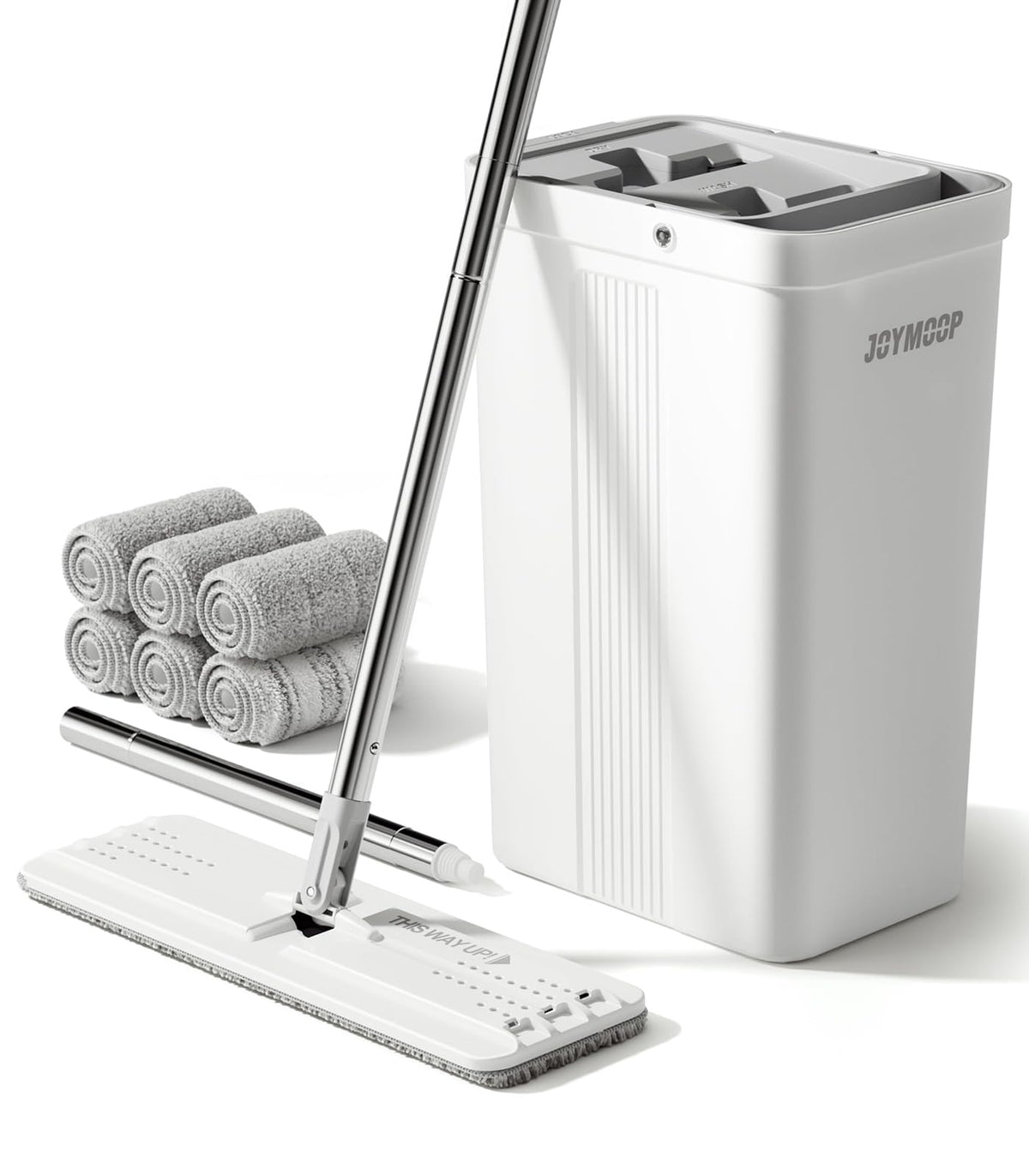 JOYMOOP Flat Mop System, Microfiber Mop and Bucket Set, White, Commercial & Household Use, Hardwood Floor & Wall Cleaning Mop with Long Handle, 4 Microfiber Pads