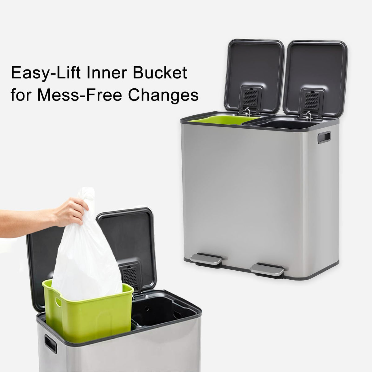 NEWBULIG 16 Gallon Dual Compartment Kitchen Trash Can, Stainless Steel, 60L