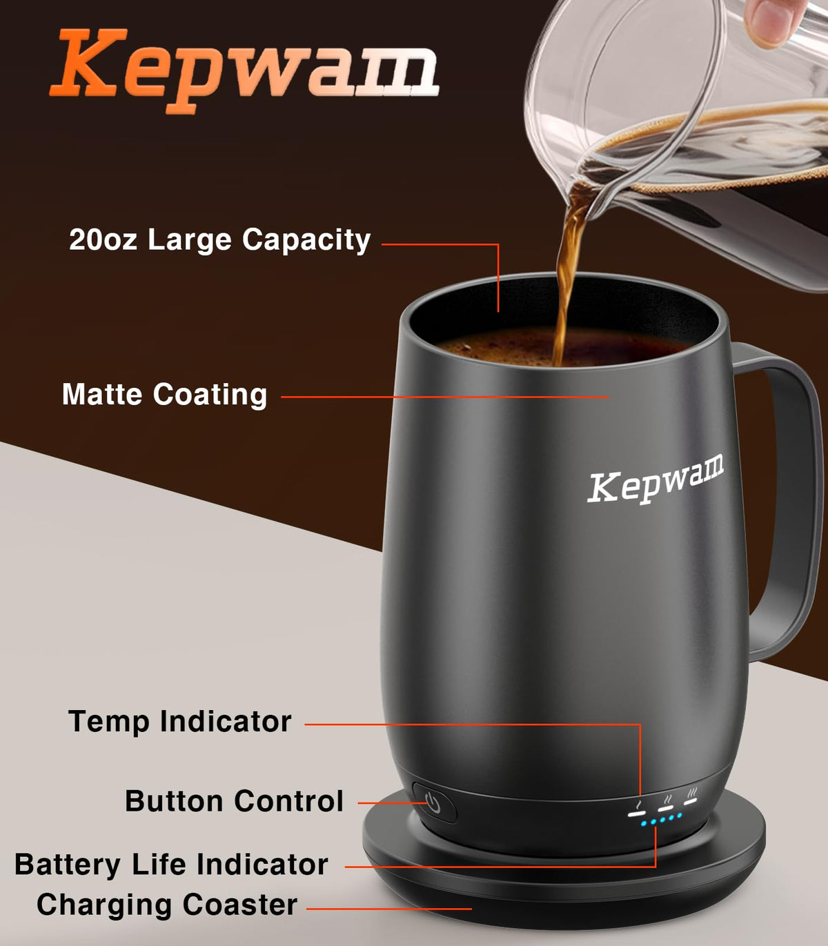 Kepwam Self-Heating Coffee Mug T2, 16oz Electric Heated Mug Hot Up to 149℉