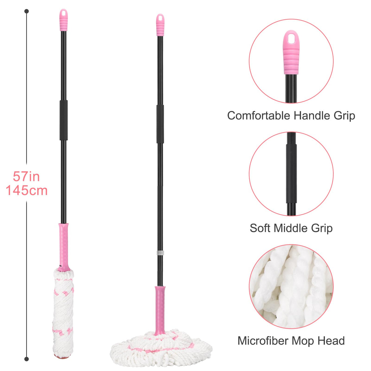 Self-Wringing Twist Mops for Floor Cleaning, Microfiber Floor mop with 57 " Long Handle, Easy Wringing Mop for Hardwood Commercial Household Clean
