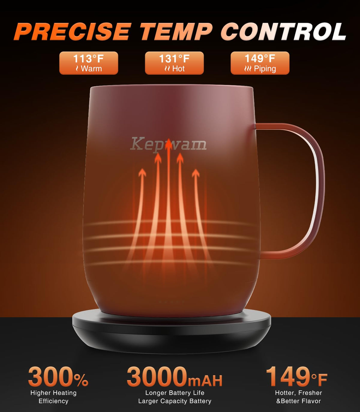 Kepwam Self-Heating Coffee Mug T2, 16oz Electric Heated Mug Hot Up to 149℉