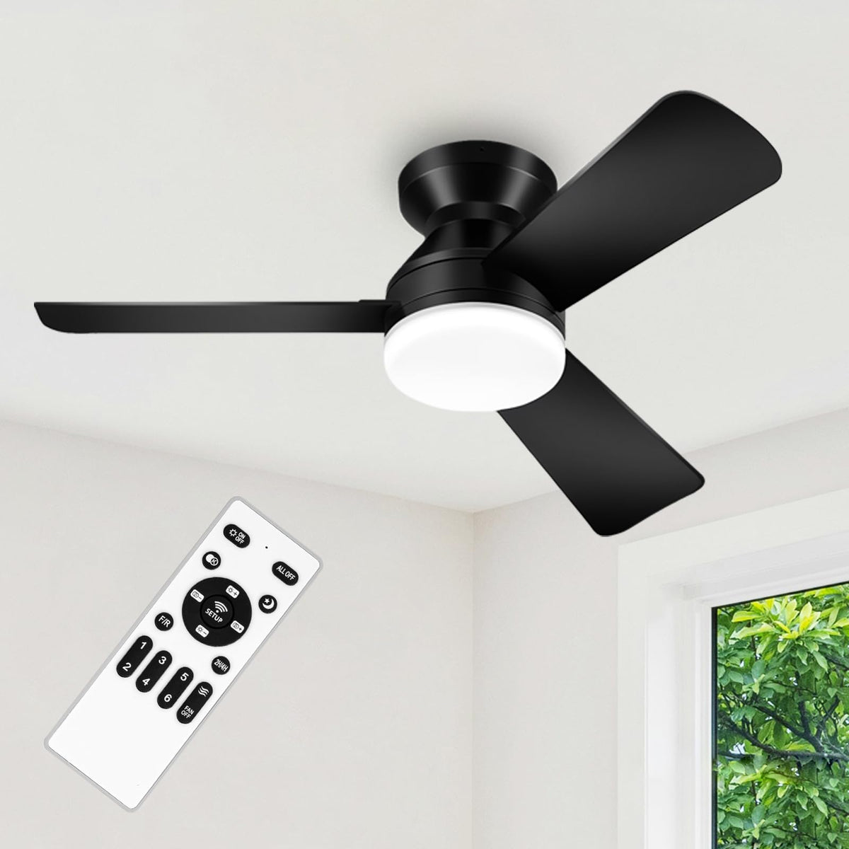 42'' Black Low Profile Ceiling Fans with Lights and Remote Control
