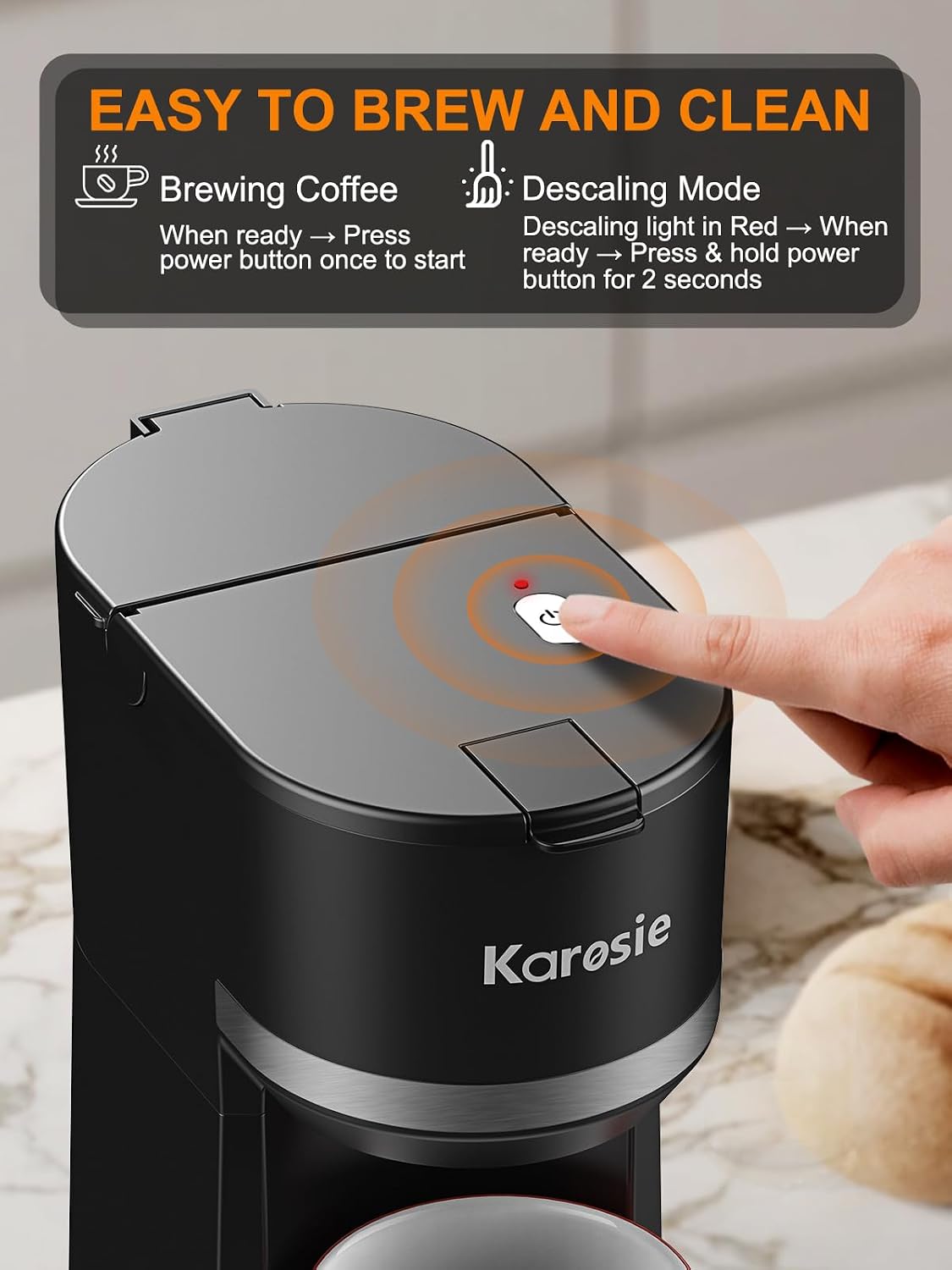 Single Serve Coffee Maker for Coffee Pods and Grounds,Fast Brew,6-12 oz Brew Sizes Single Cup Coffee Maker Fits 5.5" Mugs,One-Button Small Coffee Maker,Descaling Reminder,Black,9.45 Inches