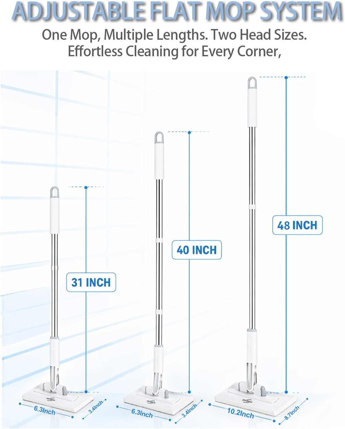Pawnexa Mop,Clamp Mop,Hands Free Multi Purpose Flat Mops with Squeegee,Multi Function Cleaning Mops for Whole House,Shark Tooth Grip for Any Cloth,Dry and Wet Use(48”Handle,6 Cloths)