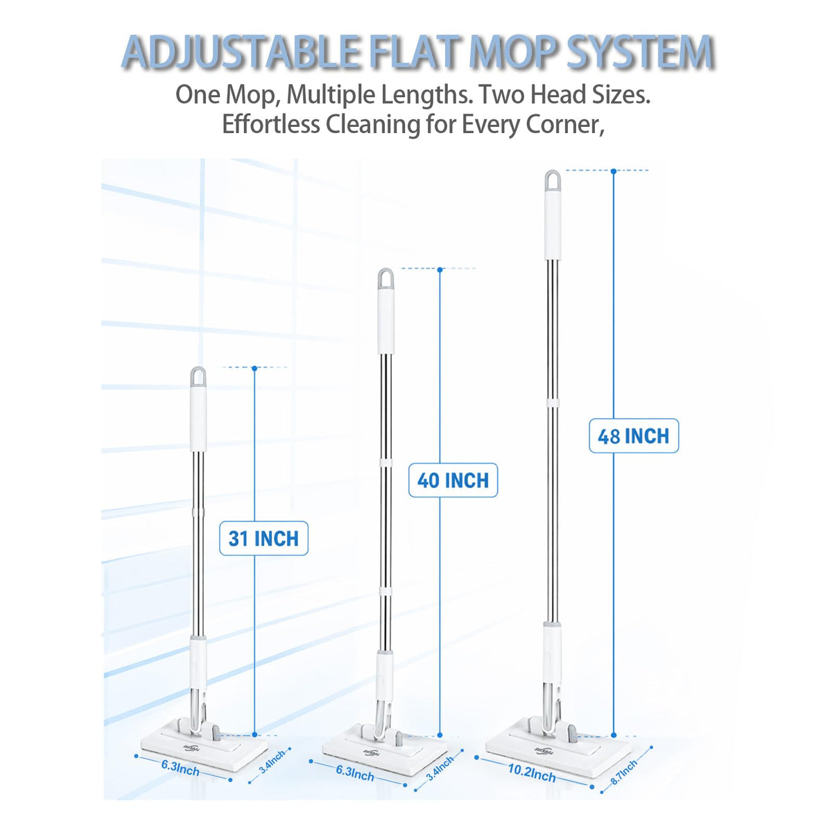 Pawnexa Mop,Clamp Mop,Hands Free Multi Purpose Flat Mops with Squeegee,Multi Function Cleaning Mops for Whole House,Shark Tooth Grip for Any Cloth,Dry and Wet Use(48”Handle,6 Cloths)