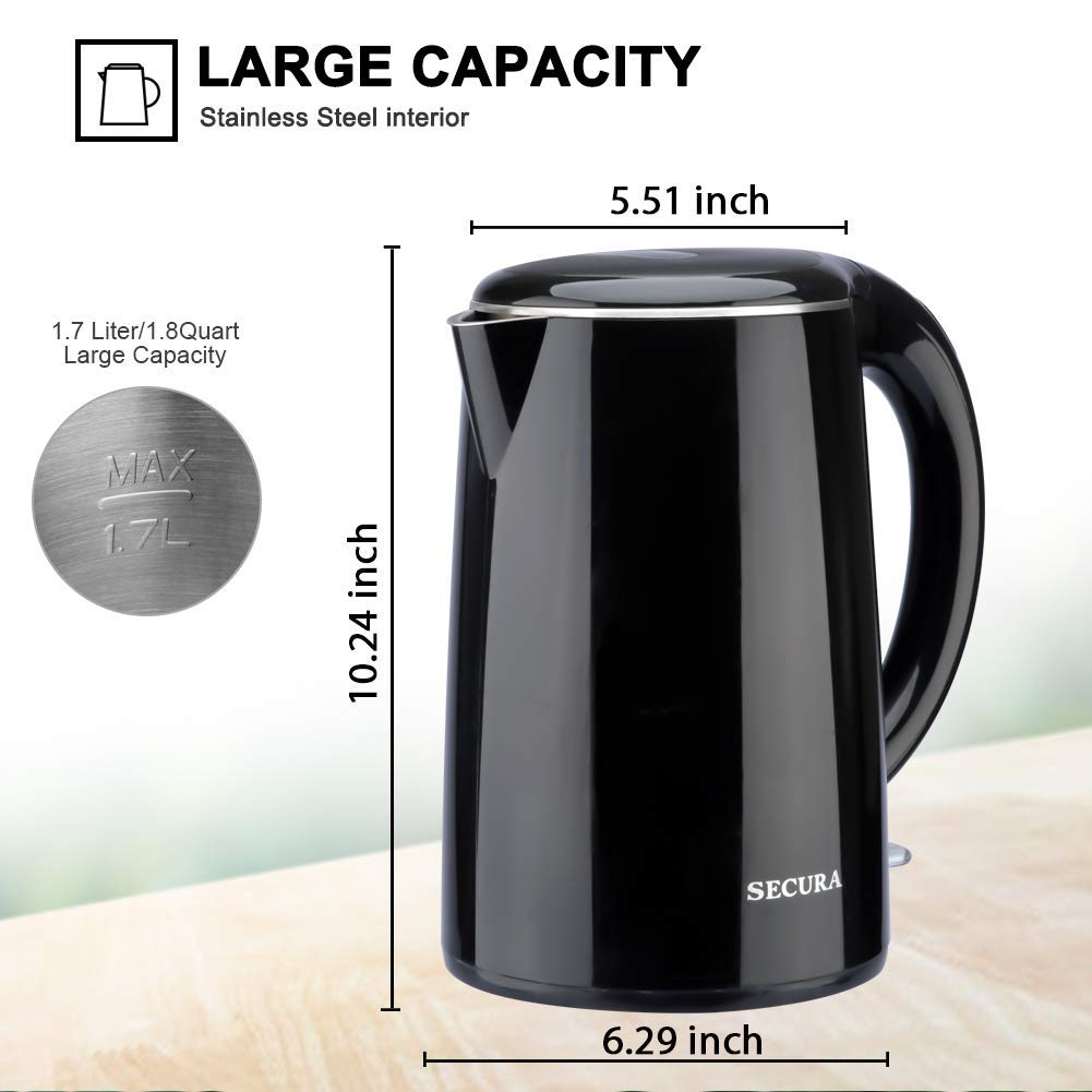 Secura Original Stainless Steel Double Wall Electric Water Kettle 1.8 Quart with Auto Shut-Off & Boil-Dry Protection, Dark Purple SWK-1701DP/HB-3227B