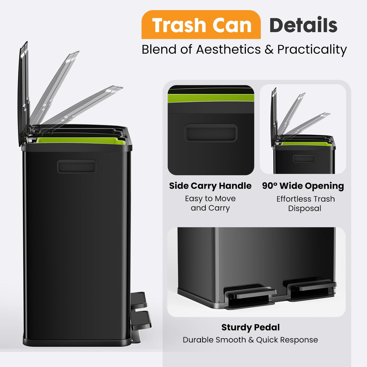 NEWBULIG 16 Gallon Dual Compartment Kitchen Trash Can, Stainless Steel, 60L