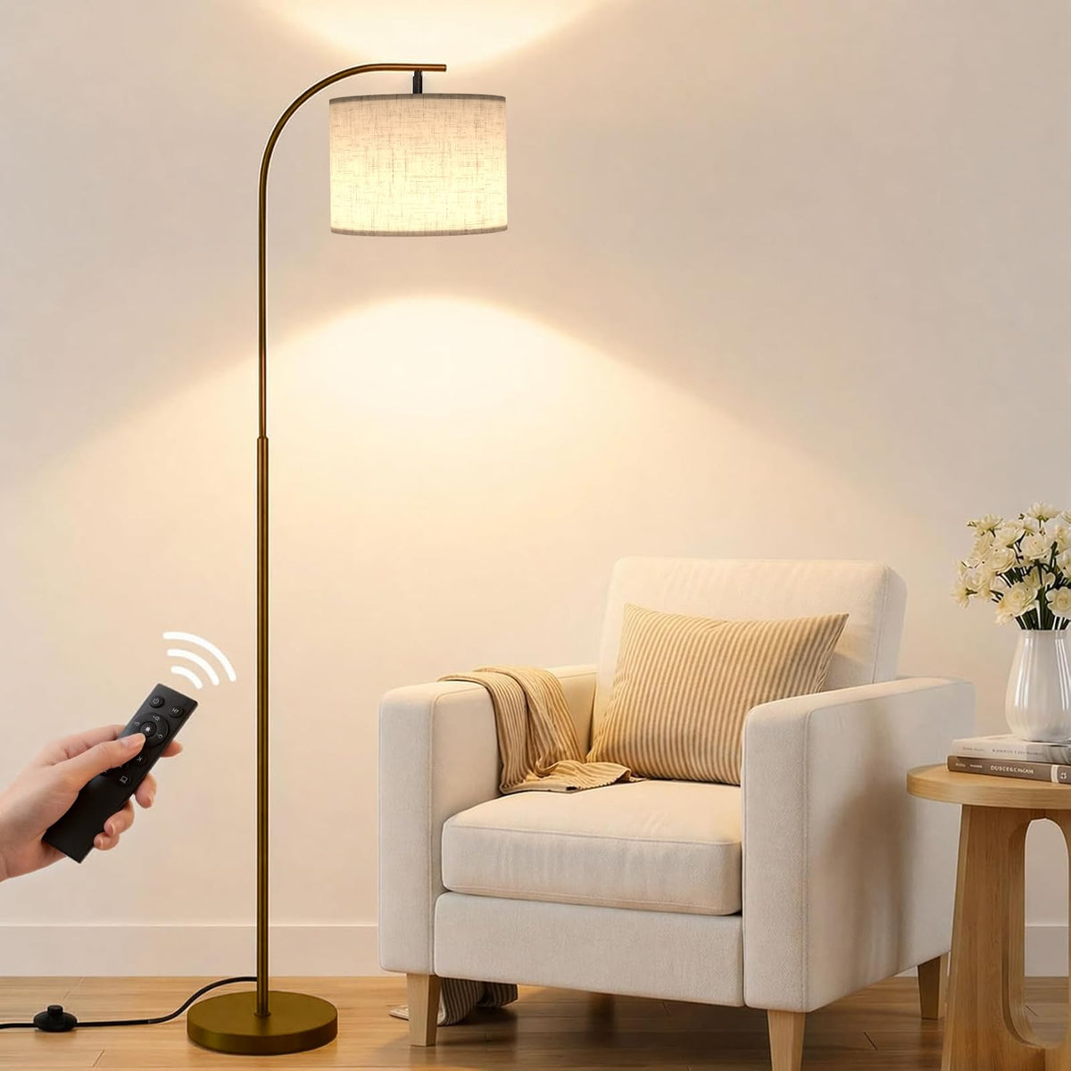 SIBRILLE Floor Lamp with Linen Shade, Arc Dimmable Tall Standing Lamp with Remote Control, Modern Floor Reading Light for Living Room Bedroom Office Corner, 9W LED Bulb Included