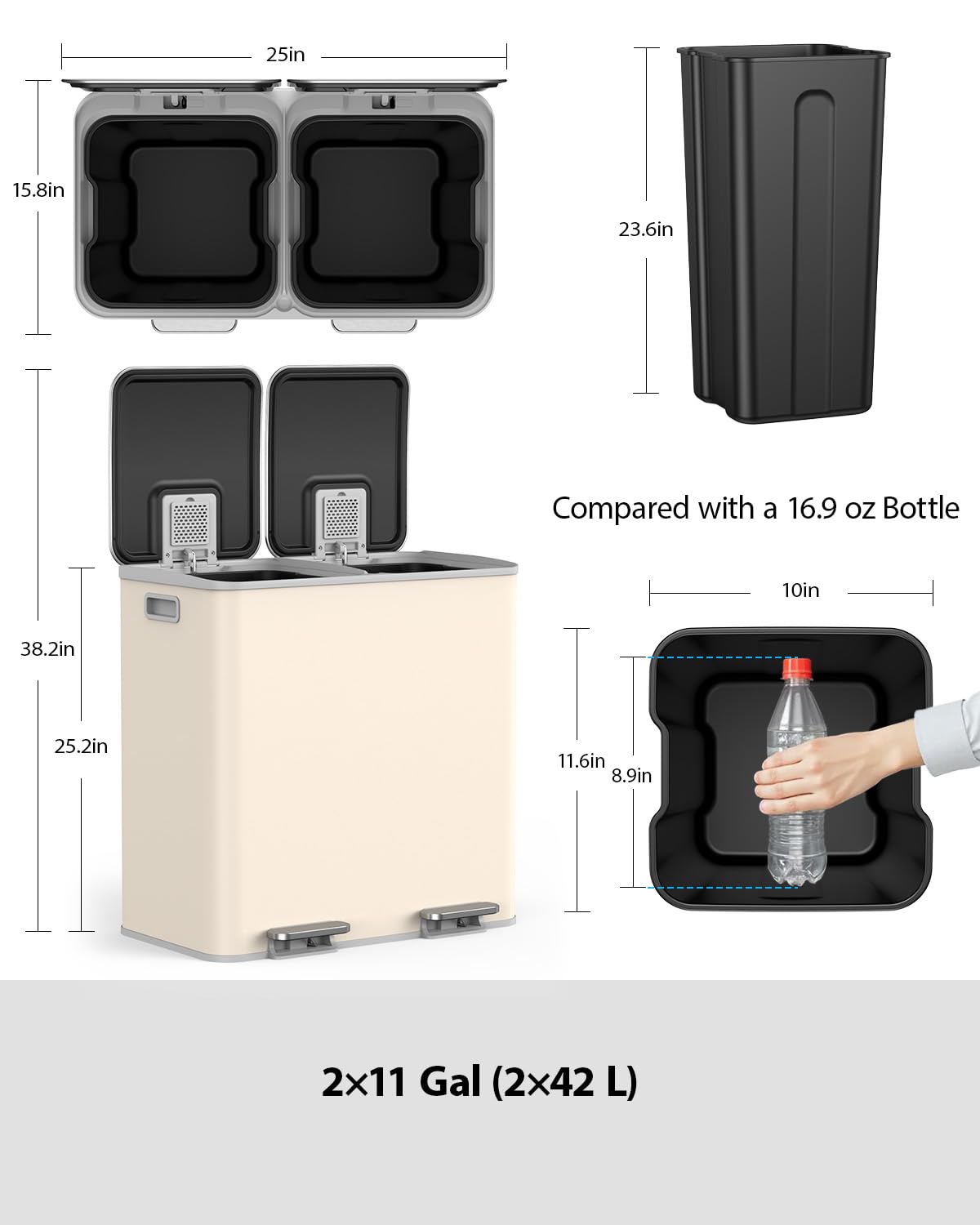 Lovewind Dual Trash and Recycling Bins for Kitchen, 2 * 11-Gallon Stainless Steel Double Trash Can, Step-On Garbage and Recycle Combo, Quiet Close, Pet-Proof, Compatible with 13-Gallon Bags, White