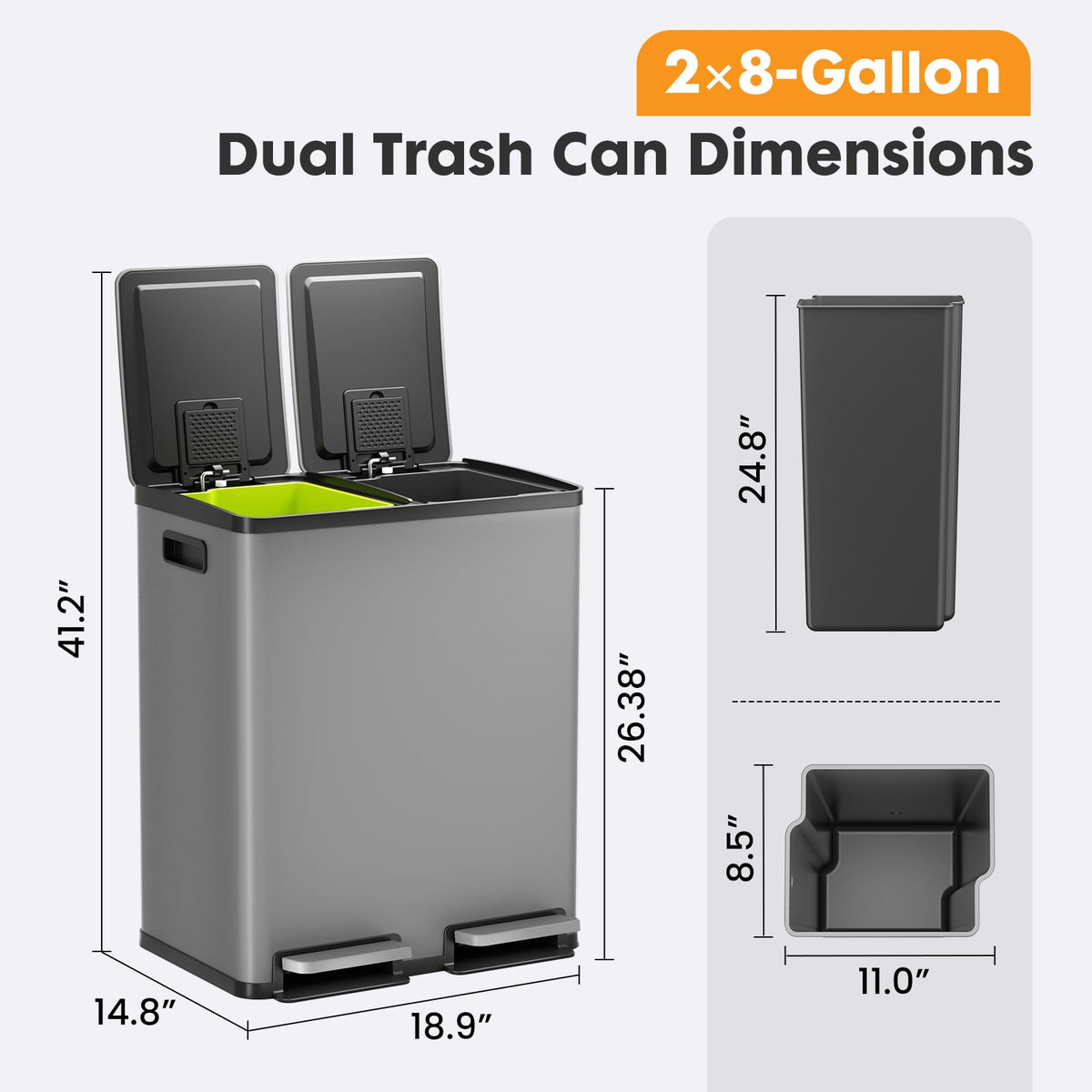 NEWBULIG 16 Gallon Dual Compartment Kitchen Trash Can, Stainless Steel, 60L