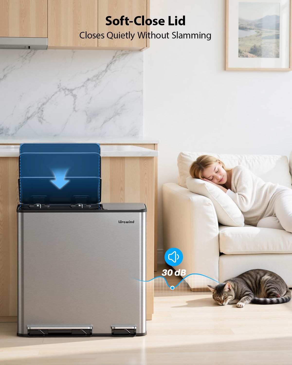 Lovewind Dual Trash and Recycling Bins for Kitchen, 2 * 11-Gallon Stainless Steel Double Trash Can, Step-On Garbage and Recycle Combo, Quiet Close, Pet-Proof, Compatible with 13-Gallon Bags, White