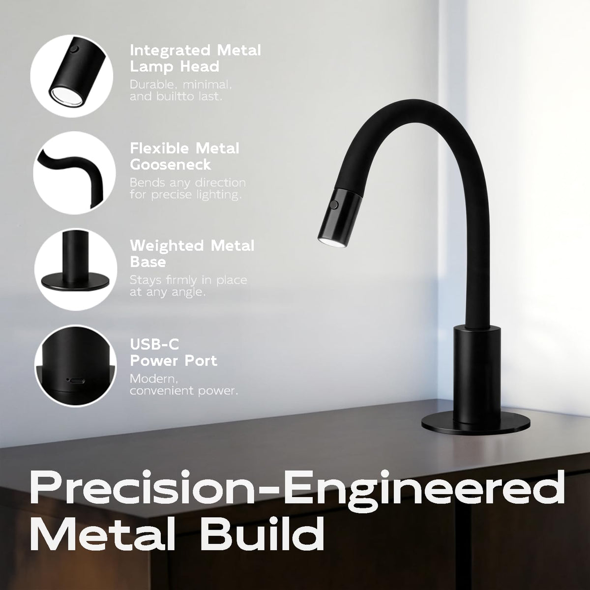 V4Light Reading Lamp, Rechargeable Gooseneck Desk Lamp, Focused LED Light