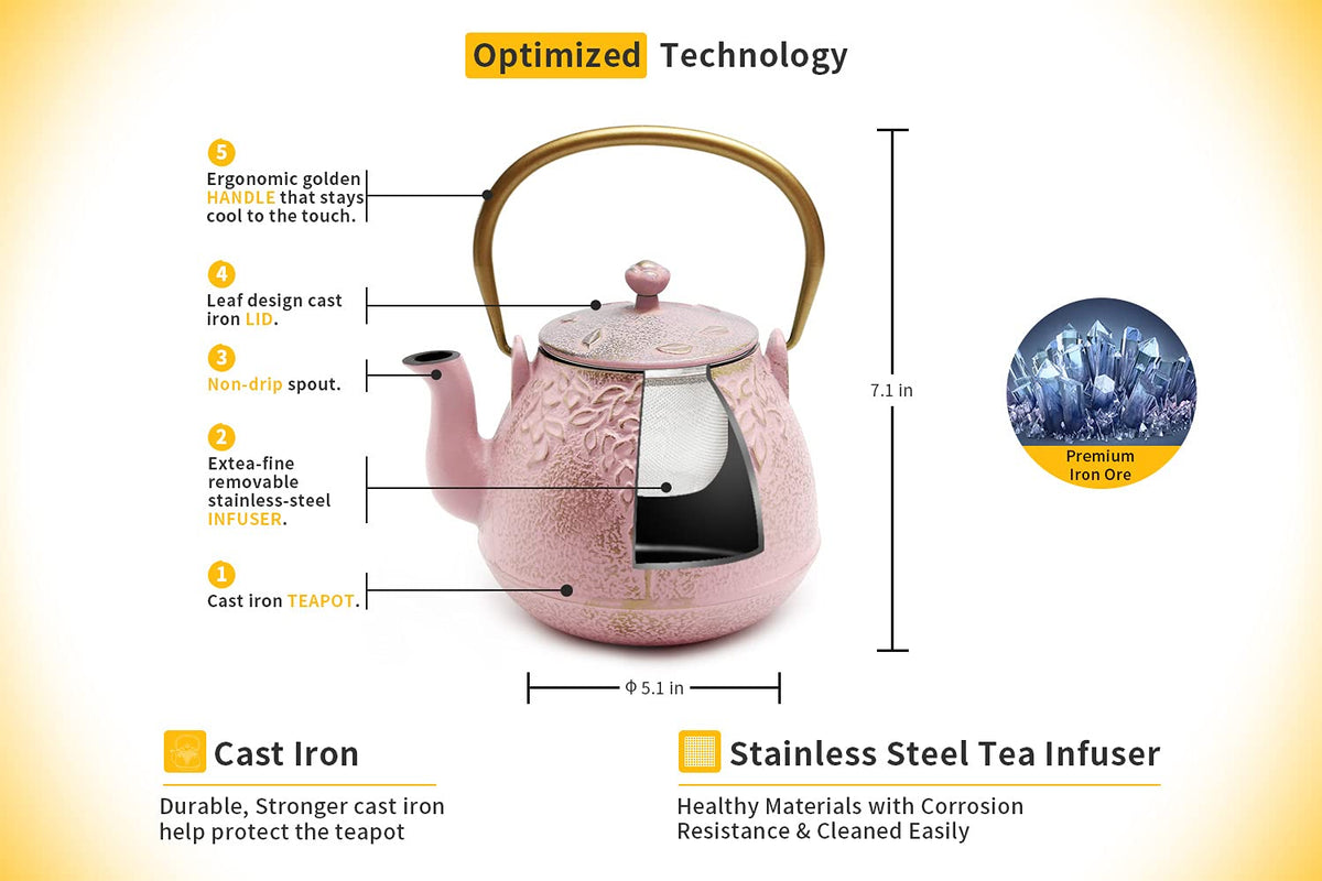 TOPTIER Japanese Teapot with Stainless Steel Infuser, Cast Iron Tea Kettle Stovetop Safe, Leaf Design Coated with Enameled Interior for 32 Ounce (950 ml), Light Green