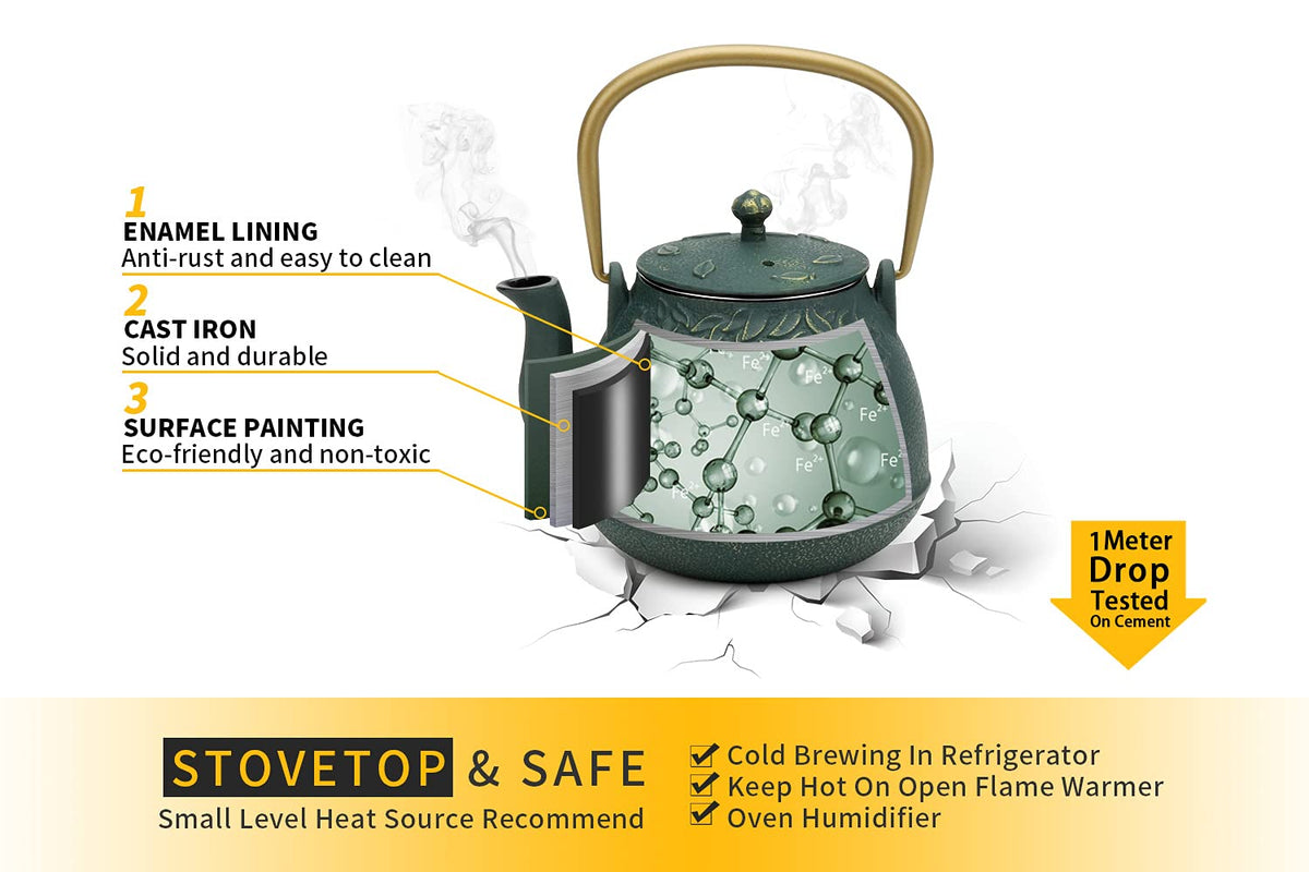 TOPTIER Japanese Teapot with Stainless Steel Infuser, Cast Iron Tea Kettle Stovetop Safe, Leaf Design Coated with Enameled Interior for 32 Ounce (950 ml), Light Green