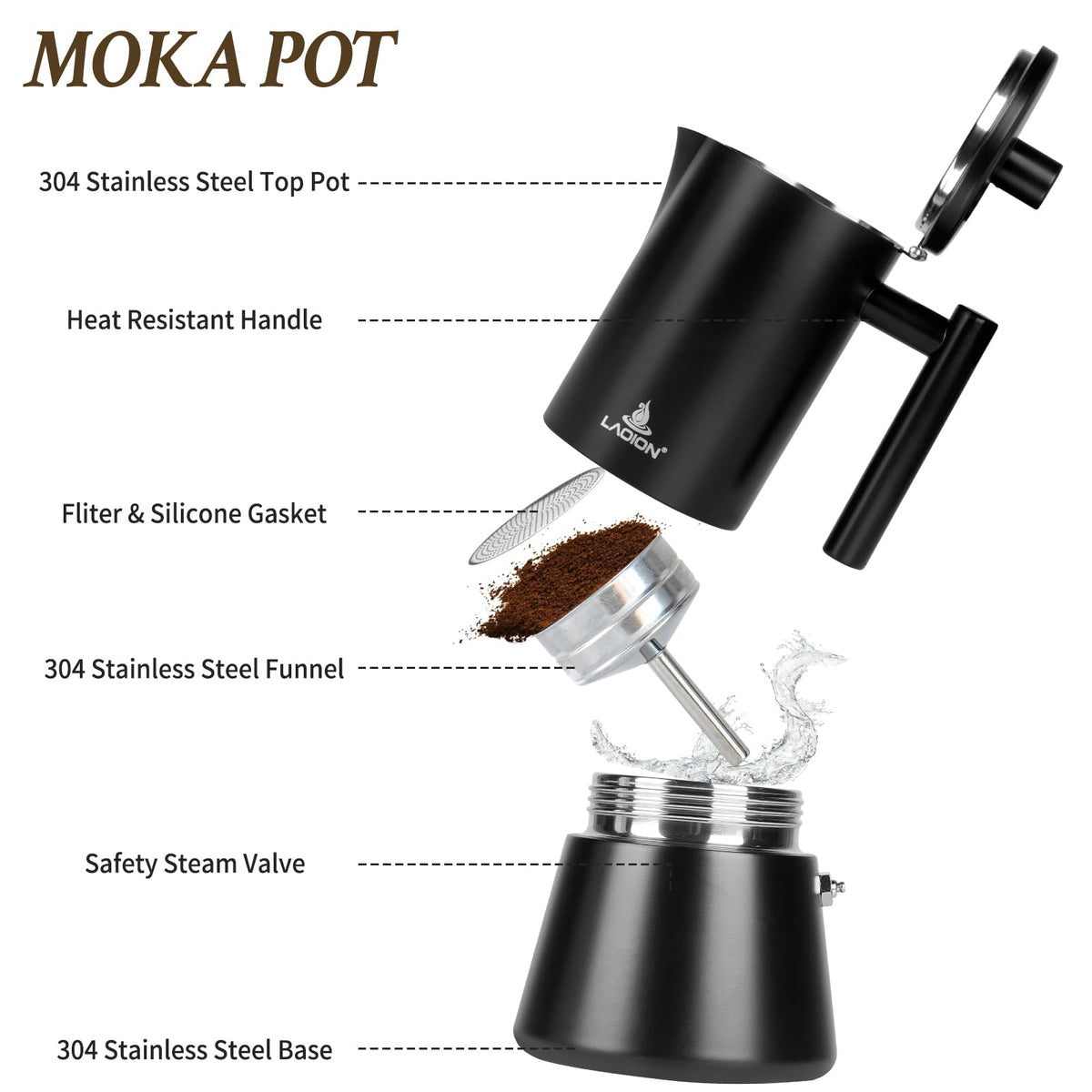 LAOION Stovetop Espresso Maker, 6Cup 10 oz Moka Pot, Stainless Steel
