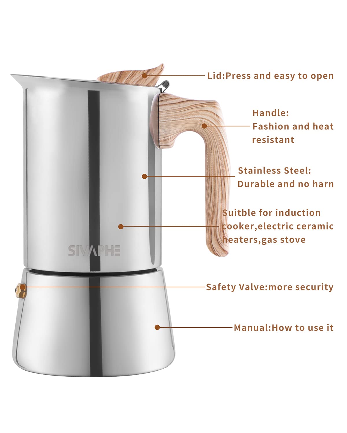 Sivaphe4 cups Stainless Steel Stovetop Espresso Coffee Maker | Induction Support 10 oz Intalian Moka Pot | Durable Cuban Coffee Maker 200ml(1 Cup=50ml)