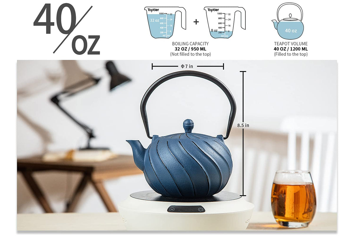 TOPTIER Japanese Teapot with Stainless Steel Infuser, Cast Iron Tea Kettle Stovetop Safe, Leaf Design Coated with Enameled Interior for 32 Ounce (950 ml), Light Green