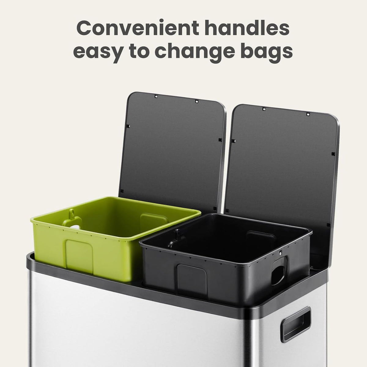 NEWBULIG 16 Gallon Dual Compartment Kitchen Trash Can, Stainless Steel, 60L