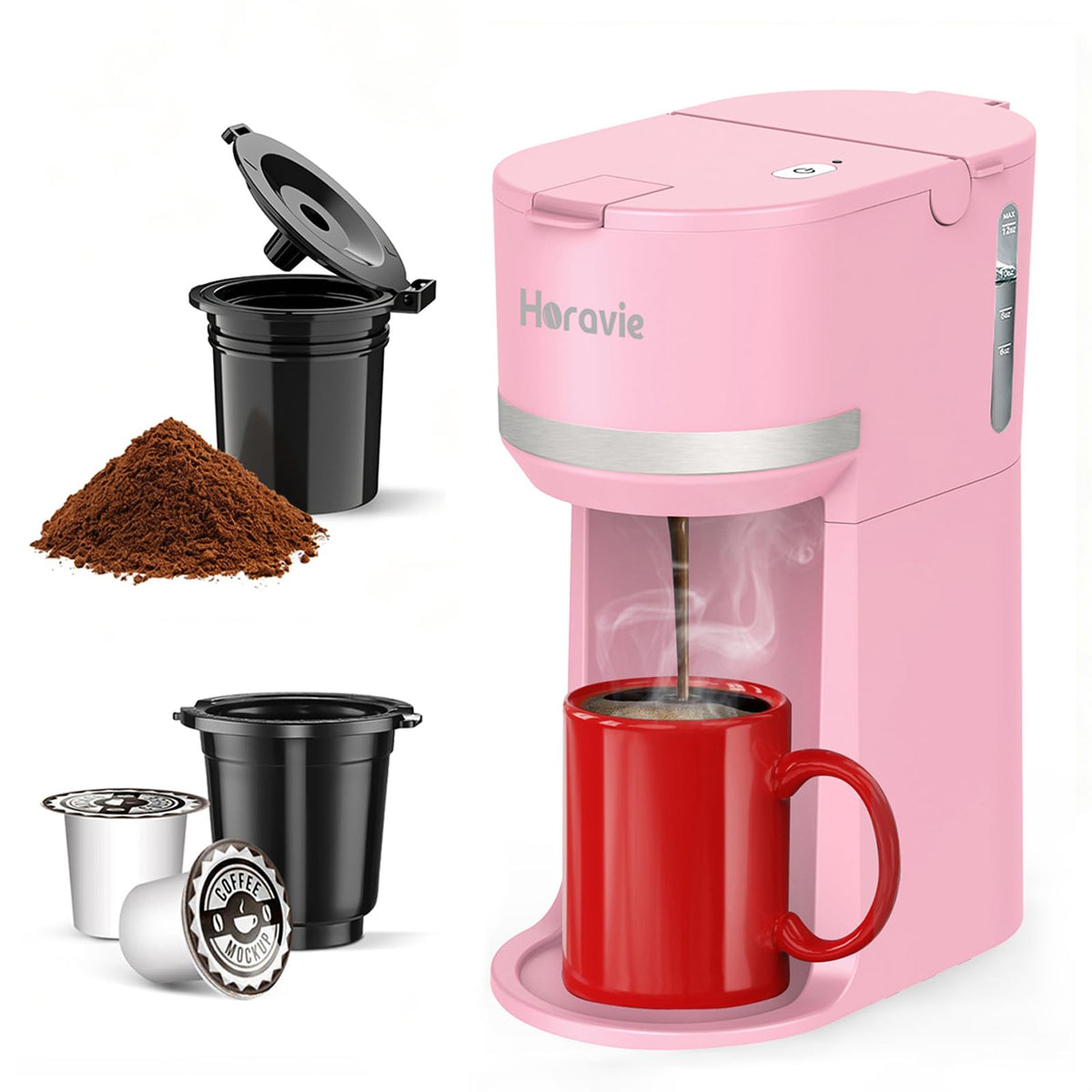 Small Single Serve Coffee Maker for K Cup and Grounds with One Button