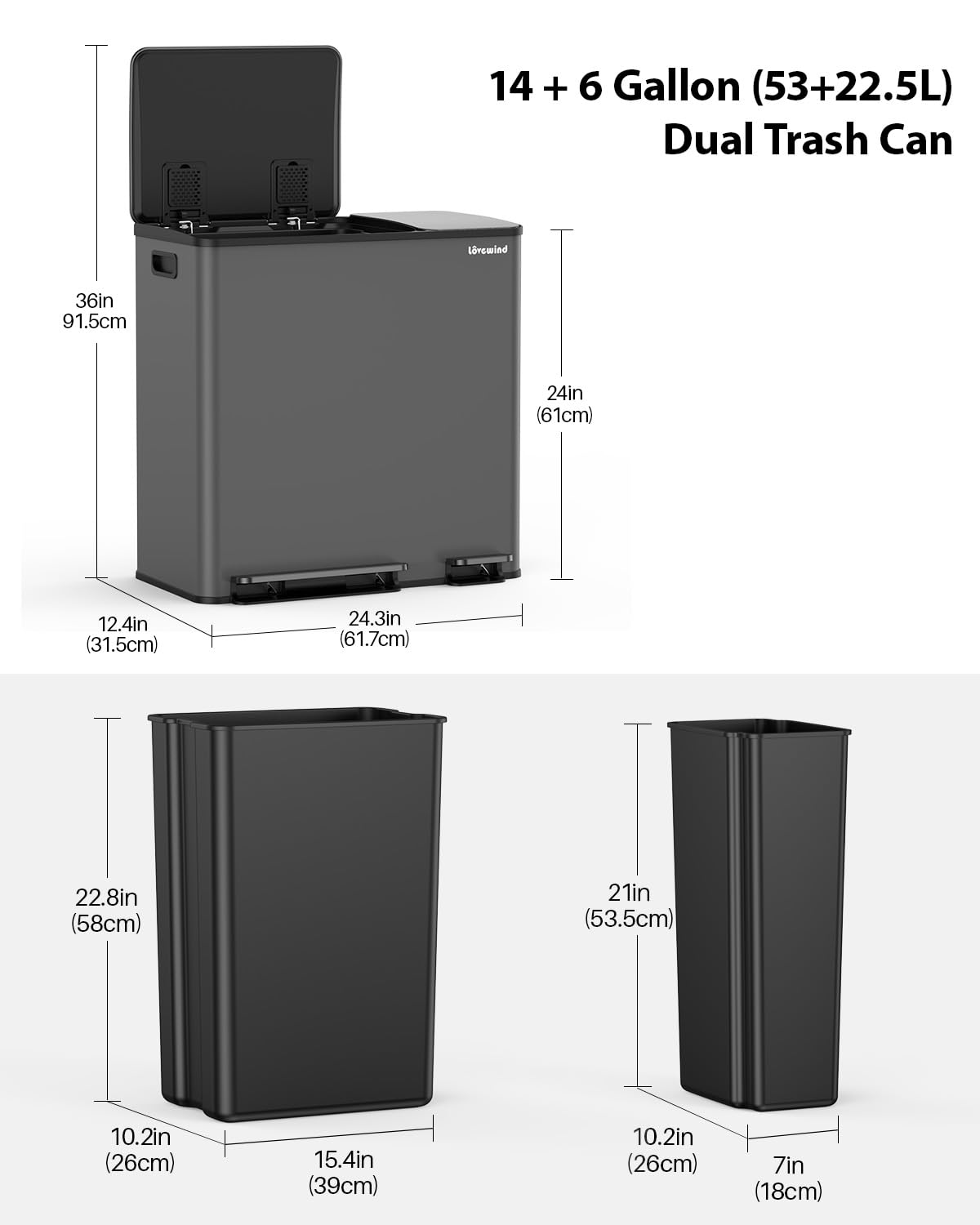 Lovewind Dual Trash and Recycling Bins for Kitchen, 2 * 11-Gallon Stainless Steel Double Trash Can, Step-On Garbage and Recycle Combo, Quiet Close, Pet-Proof, Compatible with 13-Gallon Bags, White