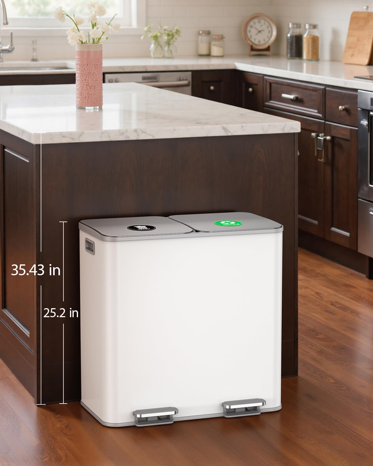 Lovewind Dual Trash and Recycling Bins for Kitchen, 2 * 11-Gallon Stainless Steel Double Trash Can, Step-On Garbage and Recycle Combo, Quiet Close, Pet-Proof, Compatible with 13-Gallon Bags, White