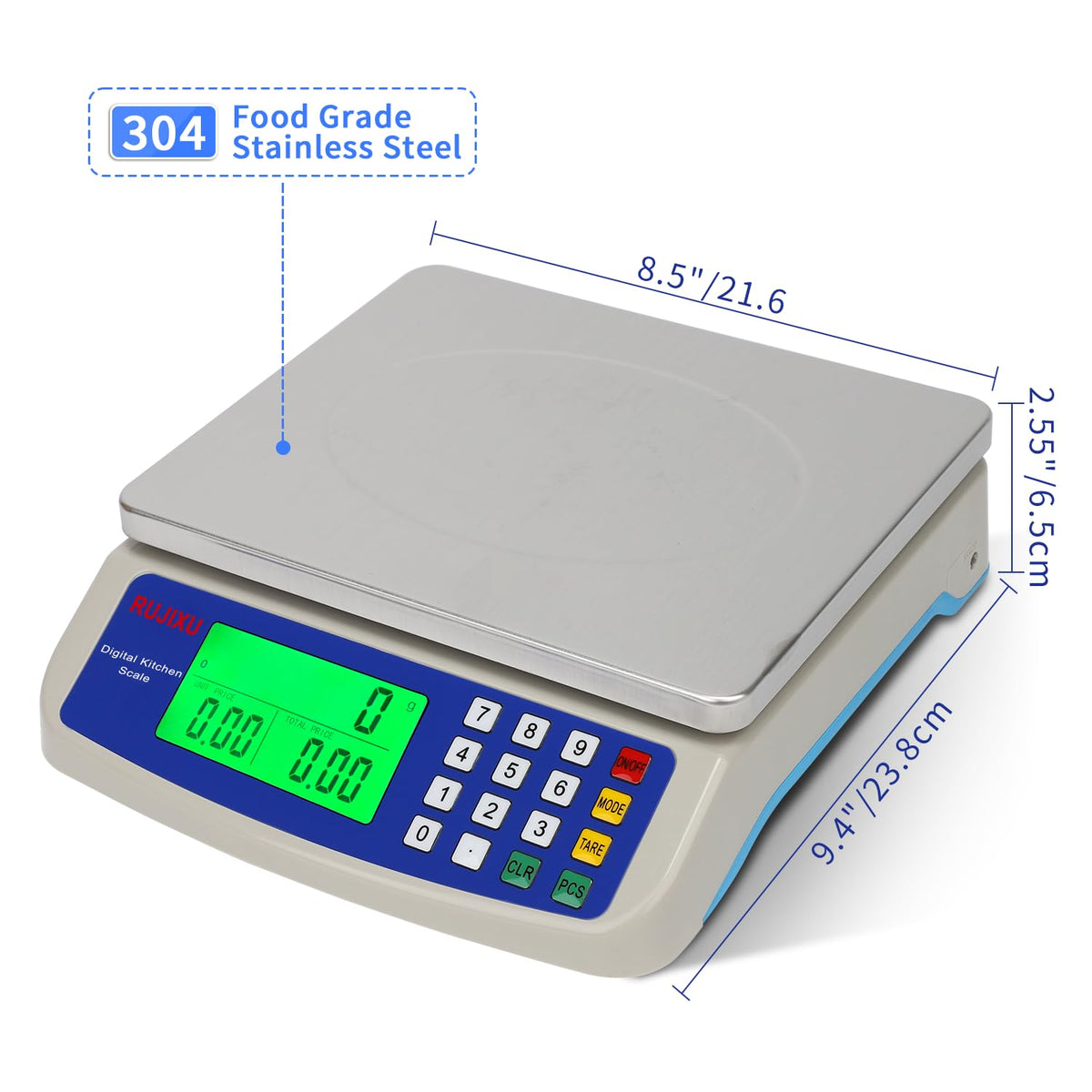 Large Digital Kitchen Scale 30KG Commercial Food Scale 66LB for Baking Bread Meat Stainless Steel Price Computing Scale LCD Display,Prep Counting Scale for Parts and Coins Adapter Included