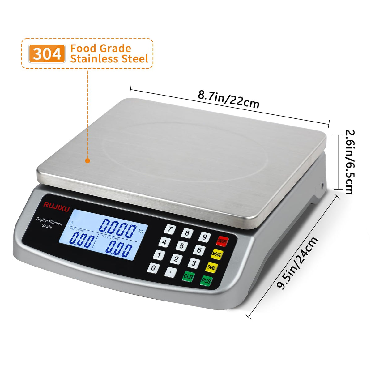 Large Digital Kitchen Scale 30KG Commercial Food Scale 66LB for Baking Bread Meat Stainless Steel Price Computing Scale LCD Display,Prep Counting Scale for Parts and Coins Adapter Included