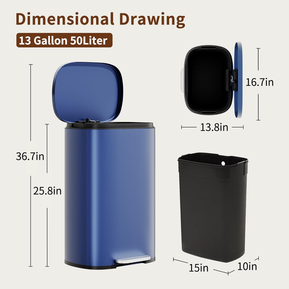 PayLessHere | 13G Trash Can with Lid | Steel | Removable Inner Bucket