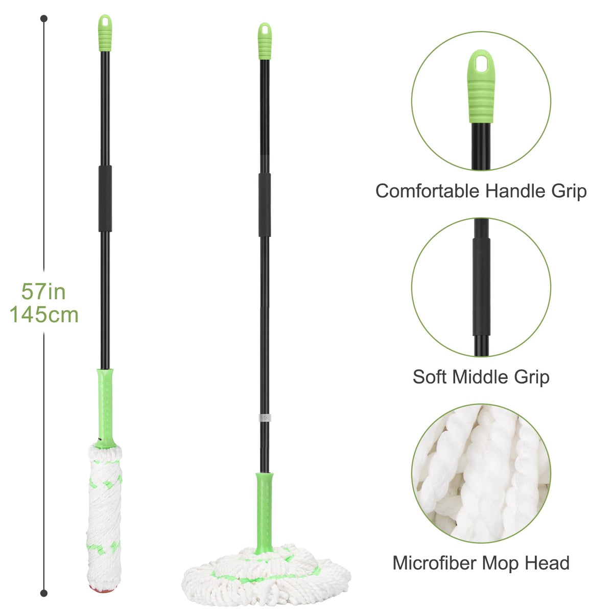Self-Wringing Twist Mops for Floor Cleaning, Microfiber Floor mop with 57 " Long Handle, Easy Wringing Mop for Hardwood Commercial Household Clean