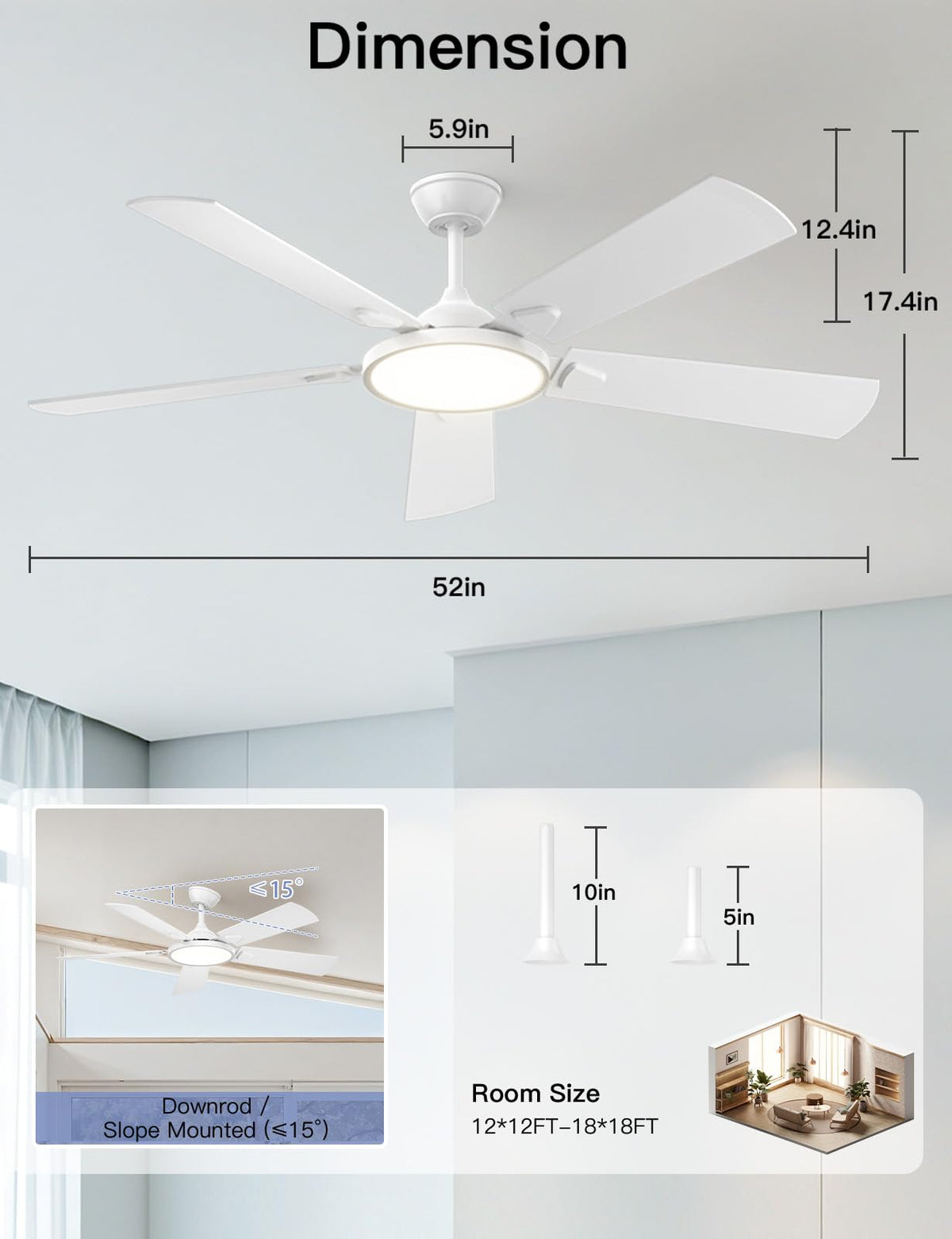 OJX 52 Inch Ceiling Fans with Lights and Remote/APP Control