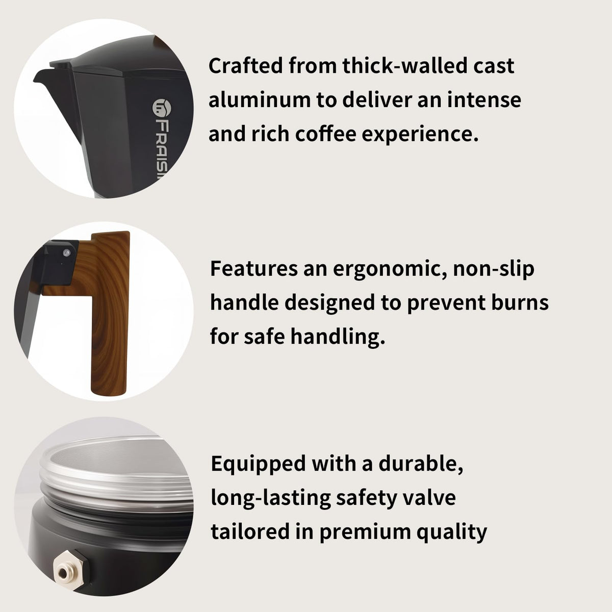 Stovetop Espresso Moka Pot Coffee Maker, Non-slip Wood Grain Handle, Cast Aluminum, Compatible with Gas, and Electric Stoves (Black, 12 cups)