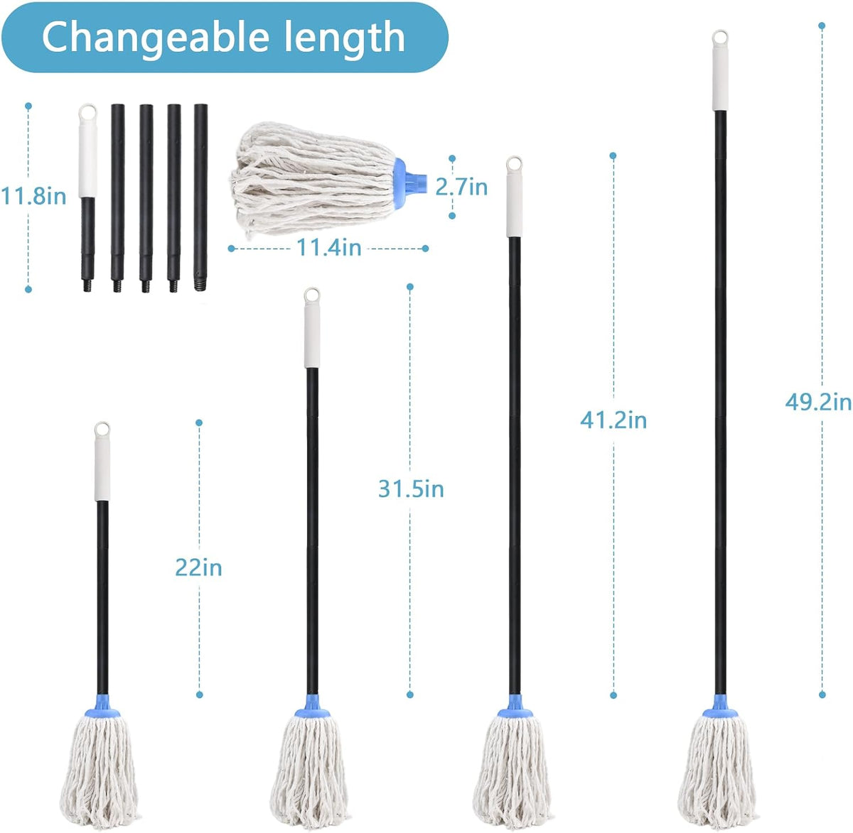 Indoor Mop for Floor Cleaning - Cotton Mops for Floor Cleaning, Regular Mop for Floors, 49-inch Simple Mops for Cleaning Living Rooms, Bathrooms, and Kitchens. (White&Blue)