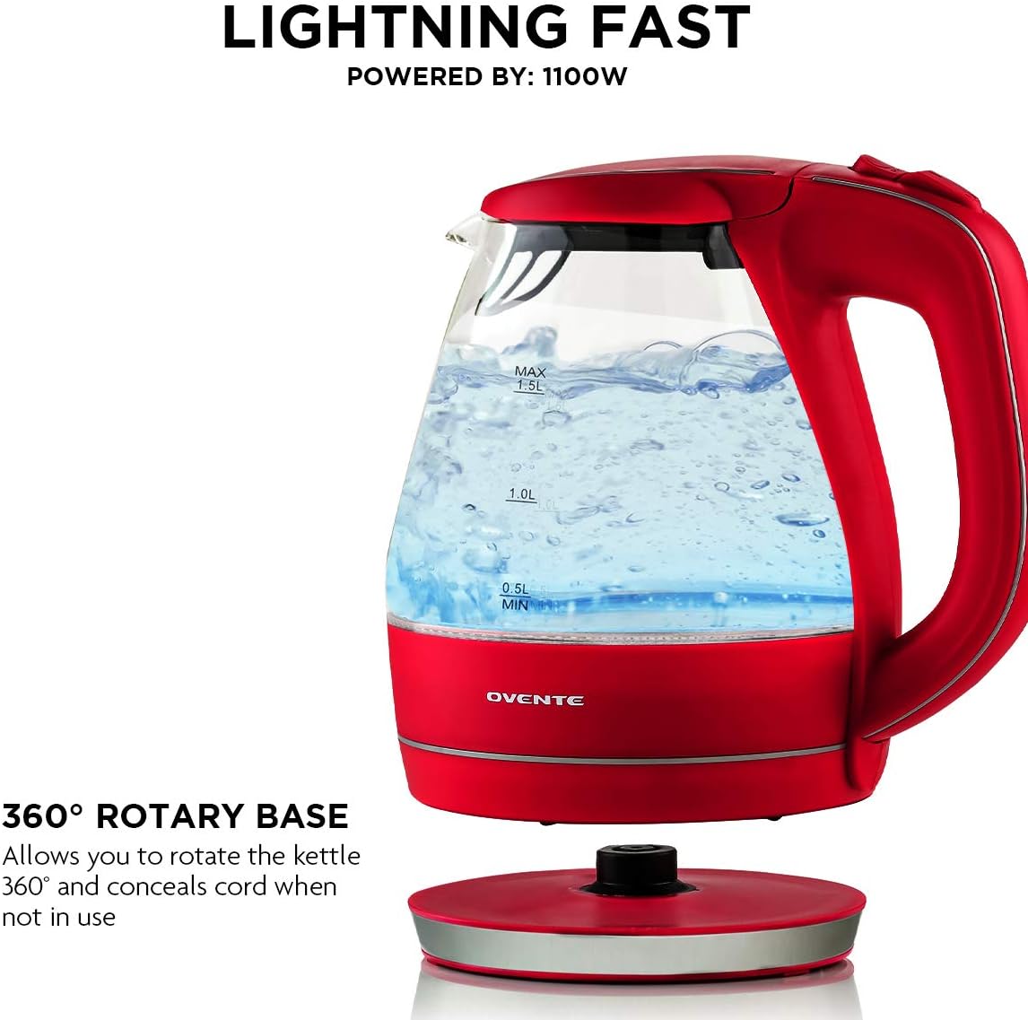 OVENTE 1.5L Glass Electric Kettle Water Boiler, Black KG83B