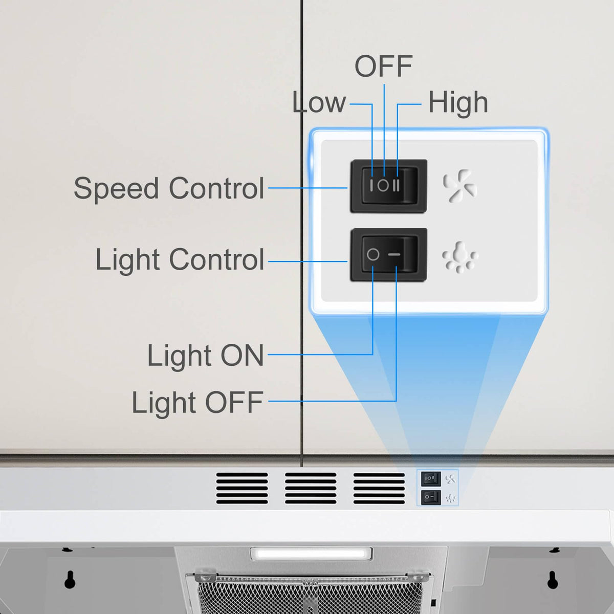 SNDOAS 30 inch Range Hood Ducted/Ductless Convertible Stainless Steel Range Hood Under Cabinet with Rocker Button Control,Vent Hood with LED Light,2 Speed Exhaust Fan,Under Cabinet Hood,Silver